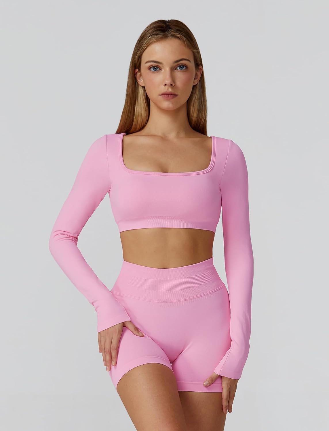 ABOCIW Workout Sets for Women 2 Piece Seamless Long Sleeve Crop Top Scrunch Butt High Waisted Shorts Gym Sets - Image 3