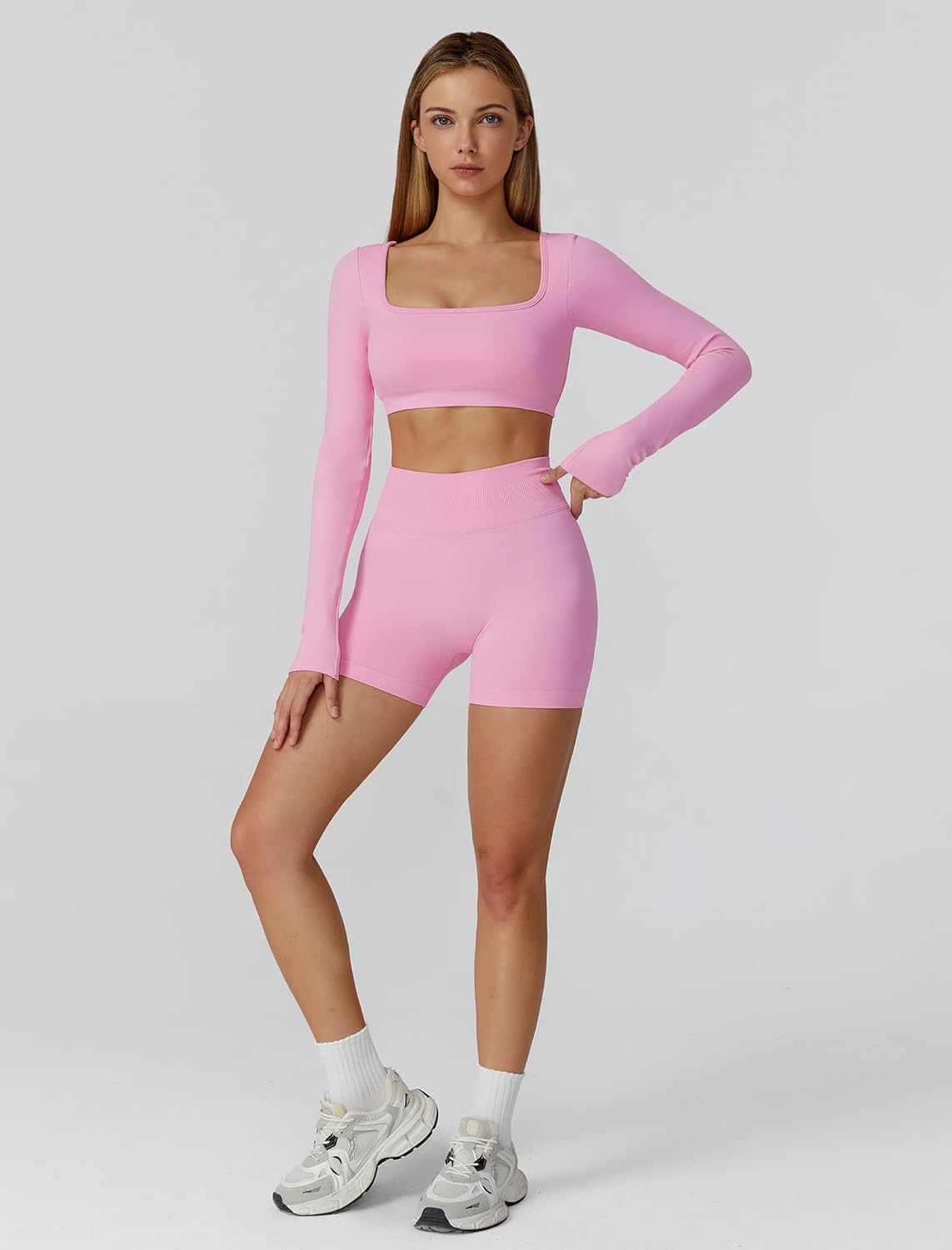 ABOCIW Workout Sets for Women 2 Piece Seamless Long Sleeve Crop Top Scrunch Butt High Waisted Shorts Gym Sets - Image 4