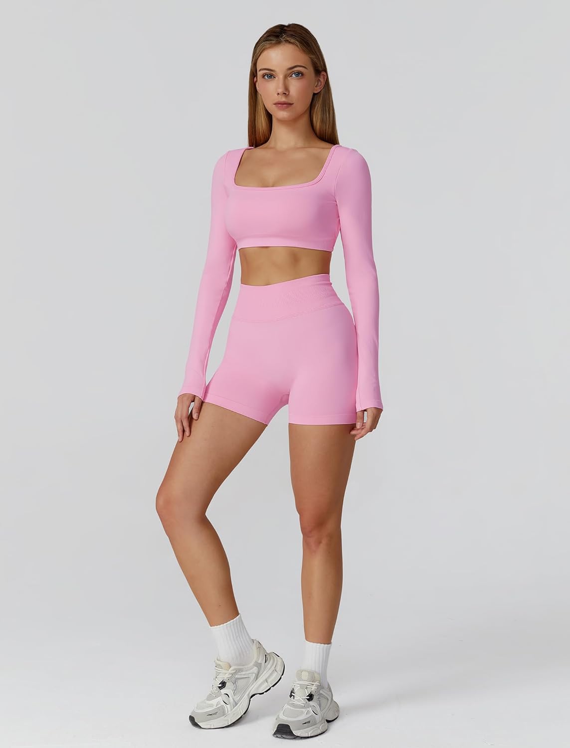 ABOCIW Workout Sets for Women 2 Piece Seamless Long Sleeve Crop Top Scrunch Butt High Waisted Shorts Gym Sets - Image 5