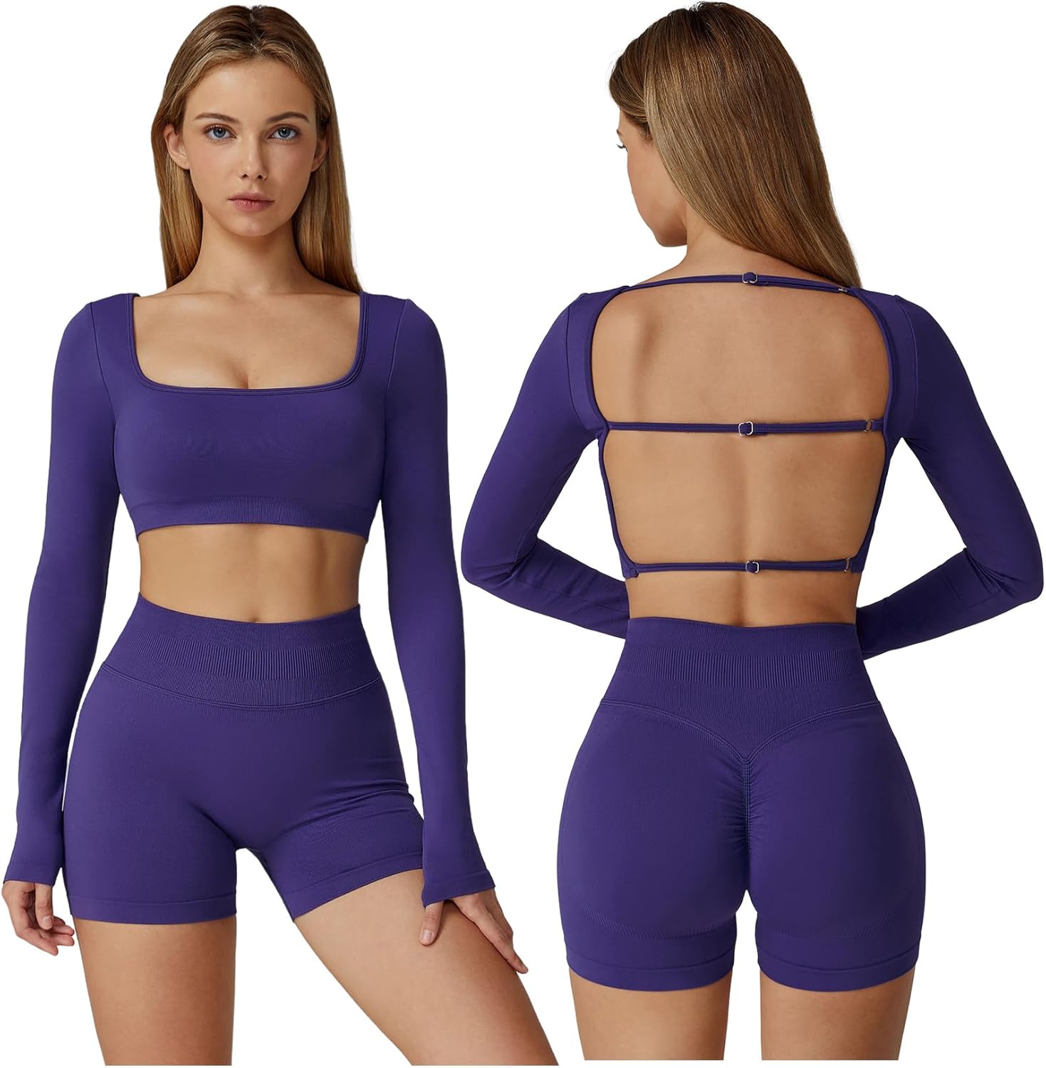 ABOCIW Workout Sets for Women 2 Piece Seamless Long Sleeve Crop Top Scrunch Butt High Waisted Shorts Gym Sets - Image 8