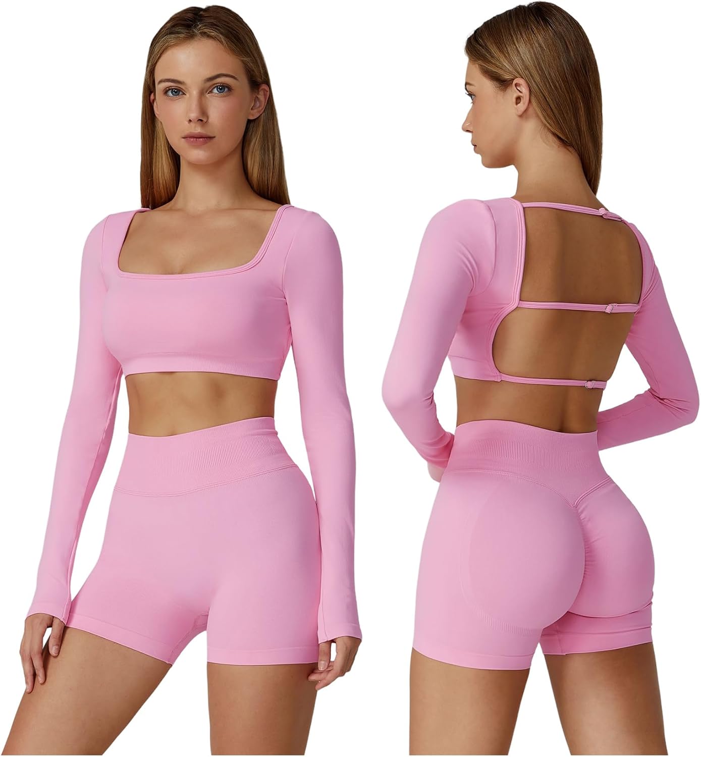 ABOCIW Workout Sets for Women 2 Piece Seamless Long Sleeve Crop Top Scrunch Butt High Waisted Shorts Gym Sets