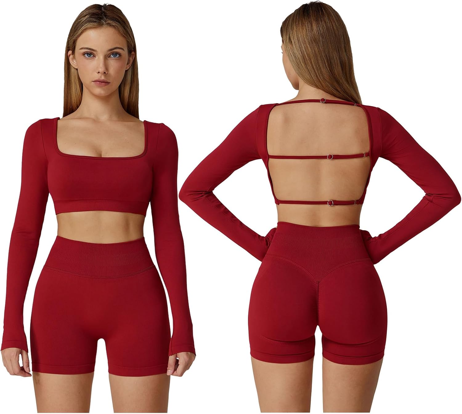 ABOCIW Workout Sets for Women 2 Piece Seamless Long Sleeve Crop Top Scrunch Butt High Waisted Shorts Gym Sets - Image 7