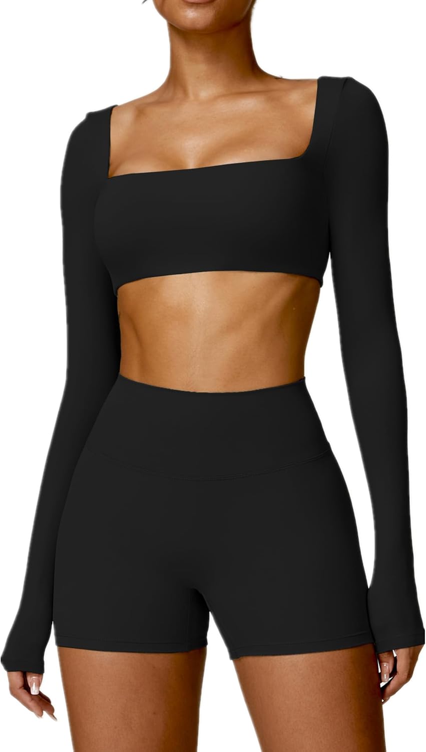 ABOCIW Workout Sets for Women 2 Piece Square Neck Long Sleeve Crop Tops High Waist Biker Shorts Gym Sets - Image 8