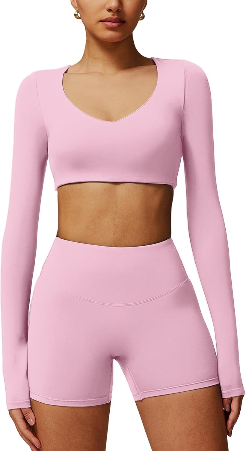 ABOCIW Workout Sets for Women 2 Piece Square Neck Long Sleeve Crop Tops High Waist Biker Shorts Gym Sets - Image 15