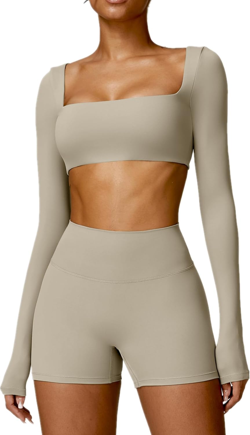 ABOCIW Workout Sets for Women 2 Piece Square Neck Long Sleeve Crop Tops High Waist Biker Shorts Gym Sets - Image 11
