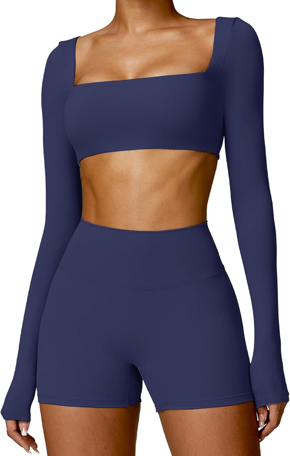 ABOCIW Workout Sets for Women 2 Piece Square Neck Long Sleeve Crop Tops High Waist Biker Shorts Gym Sets - Image 17