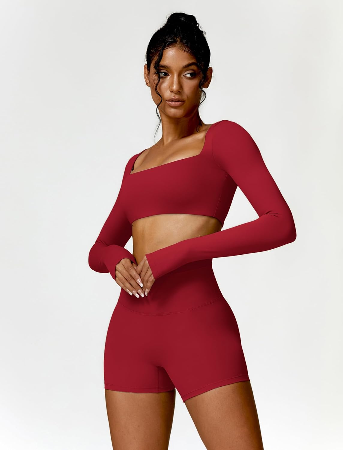 ABOCIW Workout Sets for Women 2 Piece Square Neck Long Sleeve Crop Tops High Waist Biker Shorts Gym Sets - Image 3