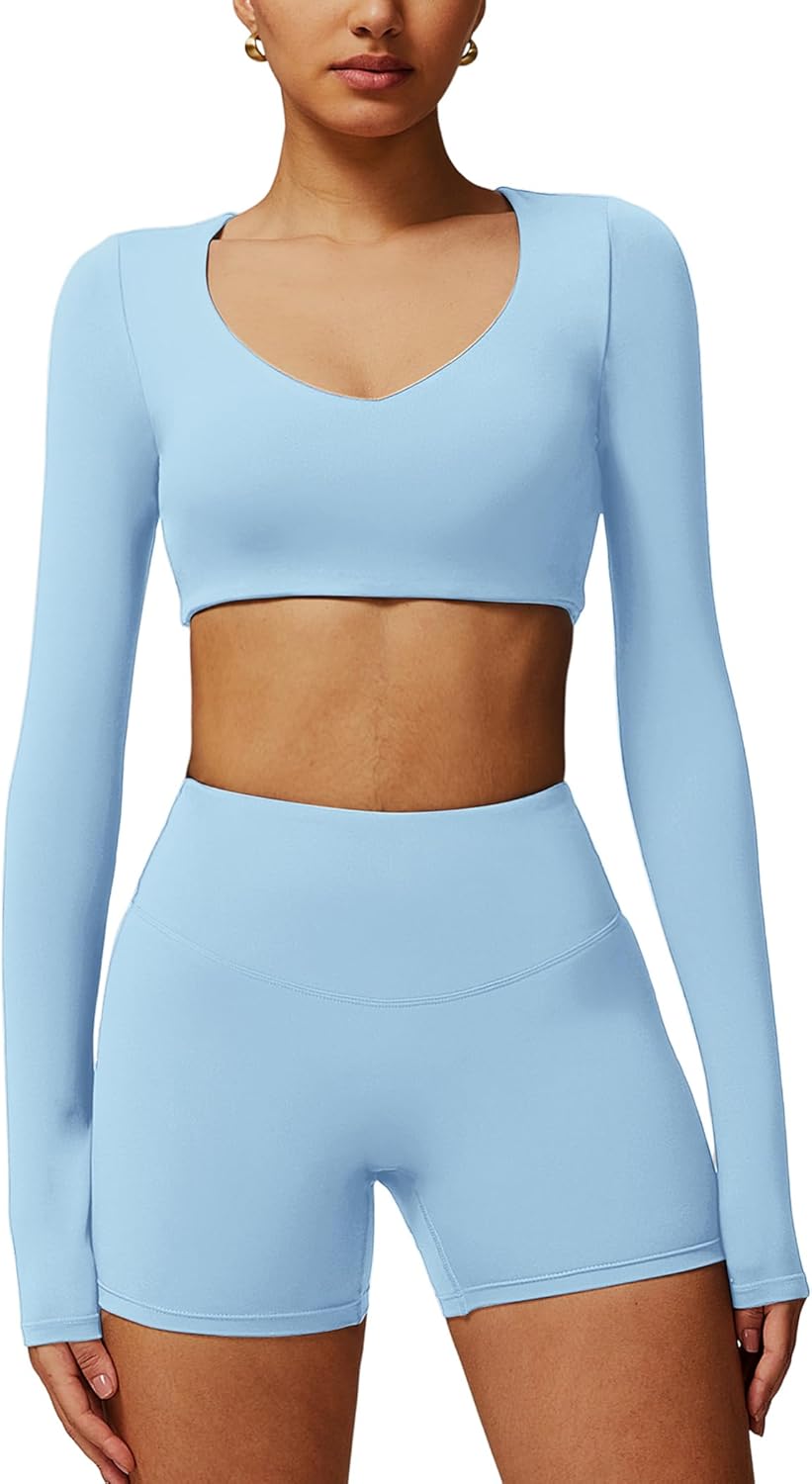 ABOCIW Workout Sets for Women 2 Piece Square Neck Long Sleeve Crop Tops High Waist Biker Shorts Gym Sets - Image 16