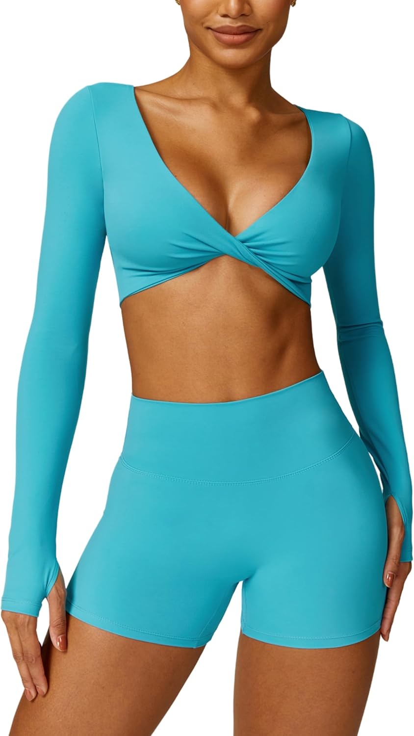 ABOCIW Workout Sets for Women 2 Piece Square Neck Long Sleeve Crop Tops High Waist Biker Shorts Gym Sets - Image 21