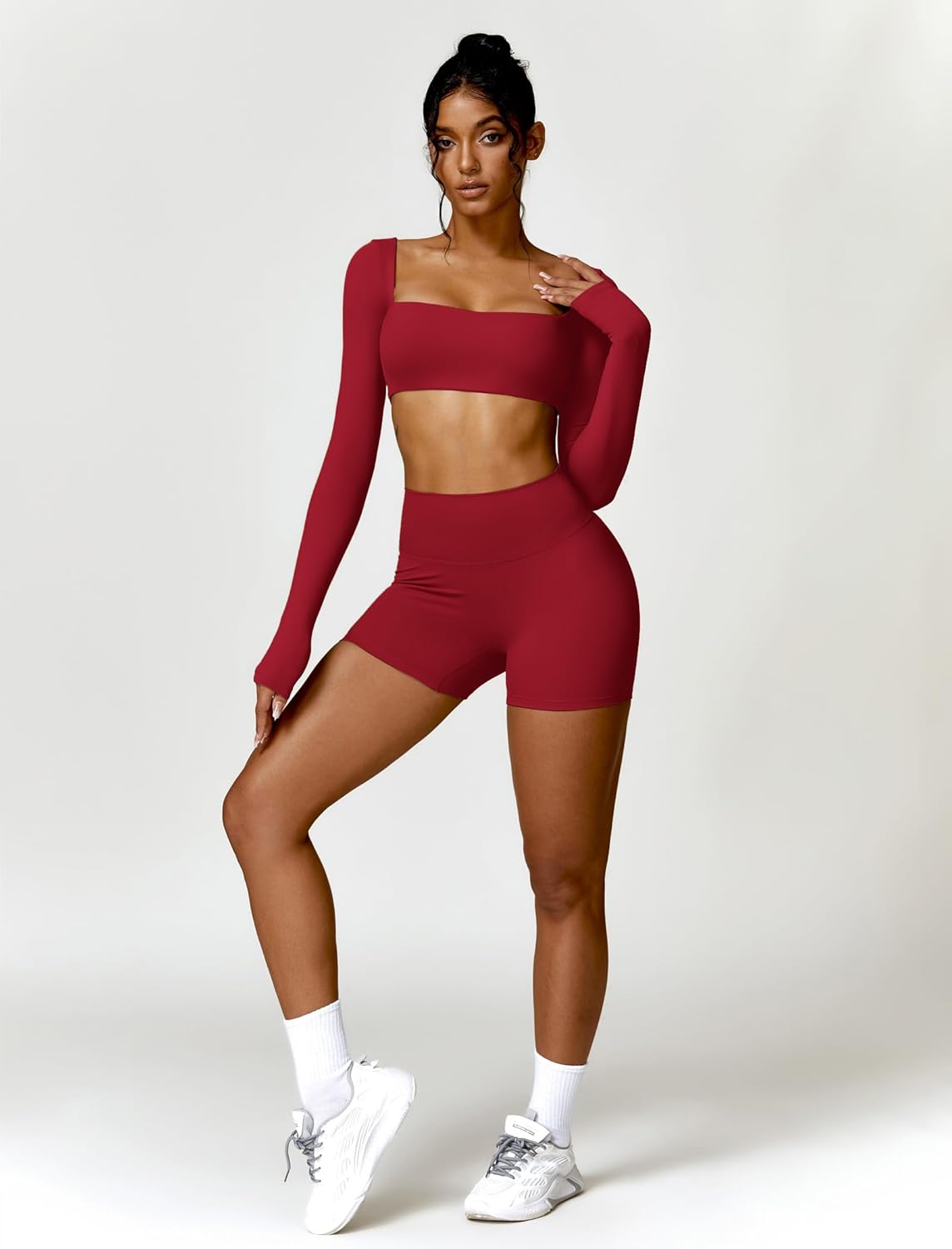 ABOCIW Workout Sets for Women 2 Piece Square Neck Long Sleeve Crop Tops High Waist Biker Shorts Gym Sets - Image 5