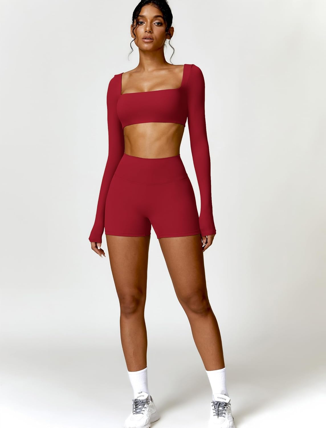 ABOCIW Workout Sets for Women 2 Piece Square Neck Long Sleeve Crop Tops High Waist Biker Shorts Gym Sets - Image 6