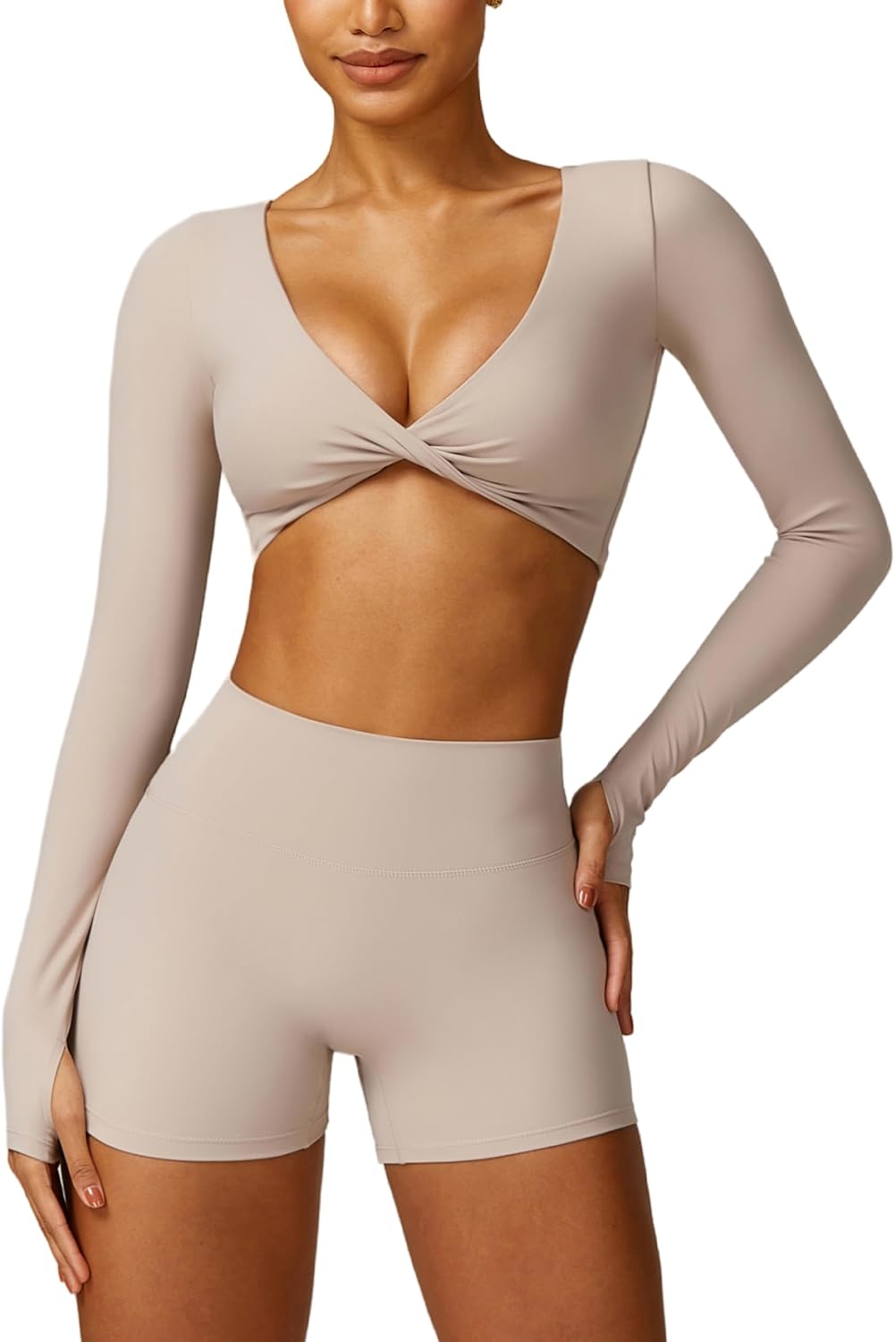 ABOCIW Workout Sets for Women 2 Piece Square Neck Long Sleeve Crop Tops High Waist Biker Shorts Gym Sets - Image 19