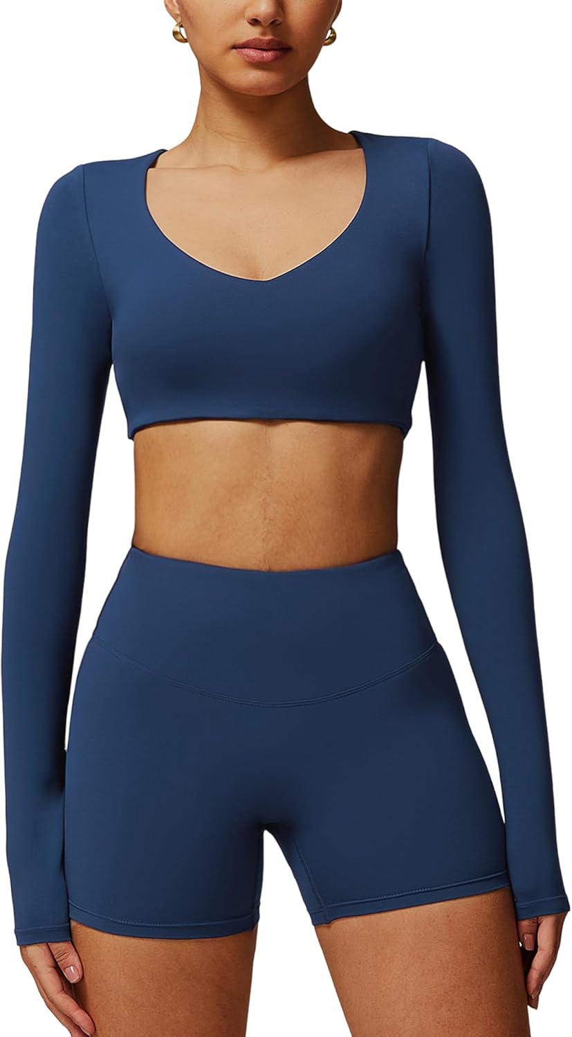 ABOCIW Workout Sets for Women 2 Piece Square Neck Long Sleeve Crop Tops High Waist Biker Shorts Gym Sets - Image 14