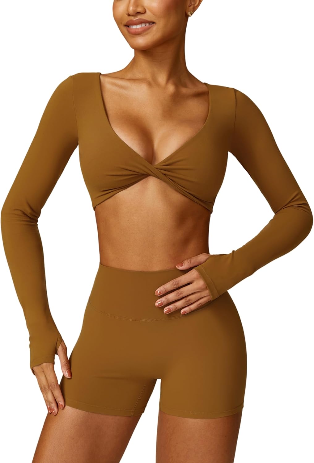 ABOCIW Workout Sets for Women 2 Piece Square Neck Long Sleeve Crop Tops High Waist Biker Shorts Gym Sets - Image 22