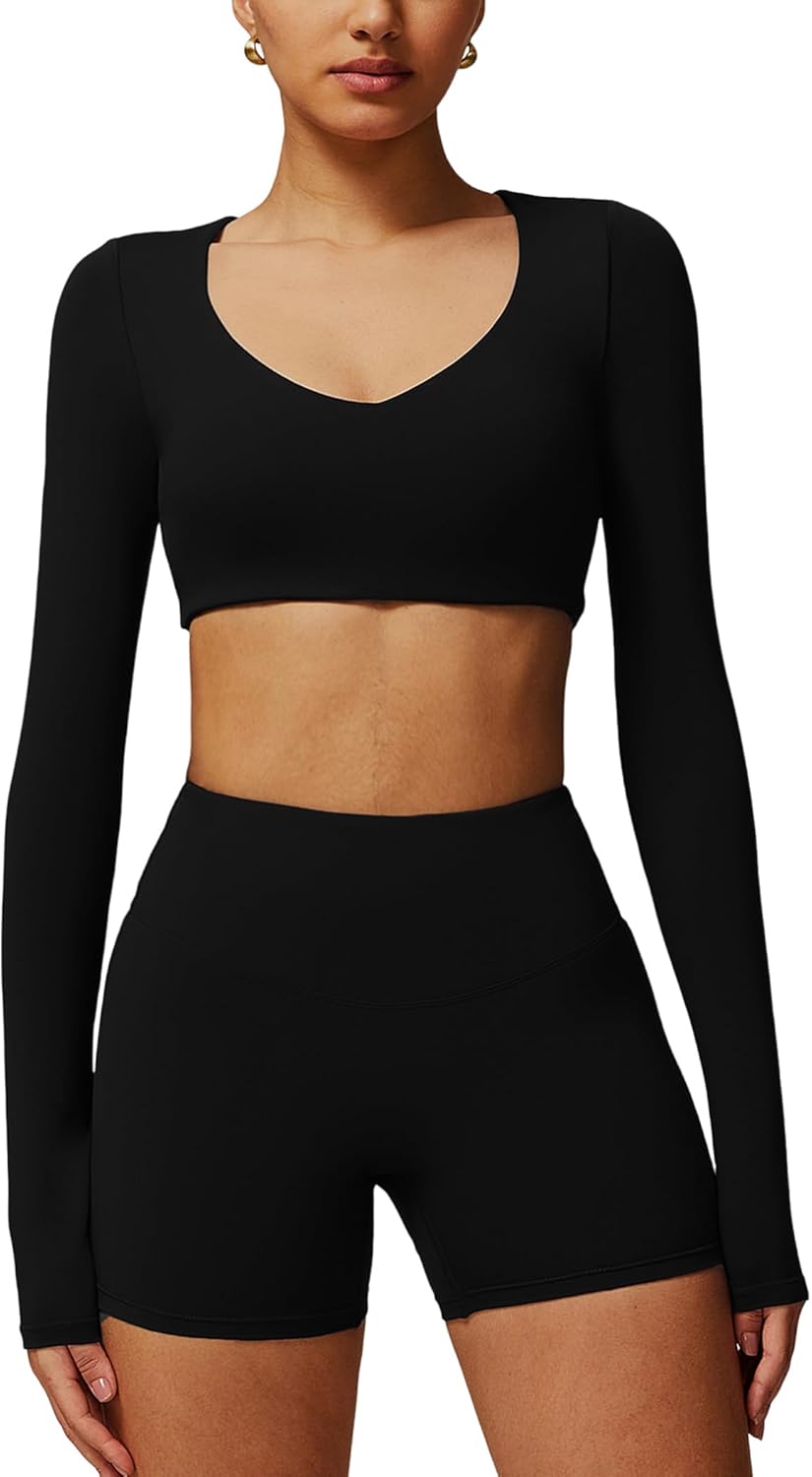 ABOCIW Workout Sets for Women 2 Piece Square Neck Long Sleeve Crop Tops High Waist Biker Shorts Gym Sets - Image 18