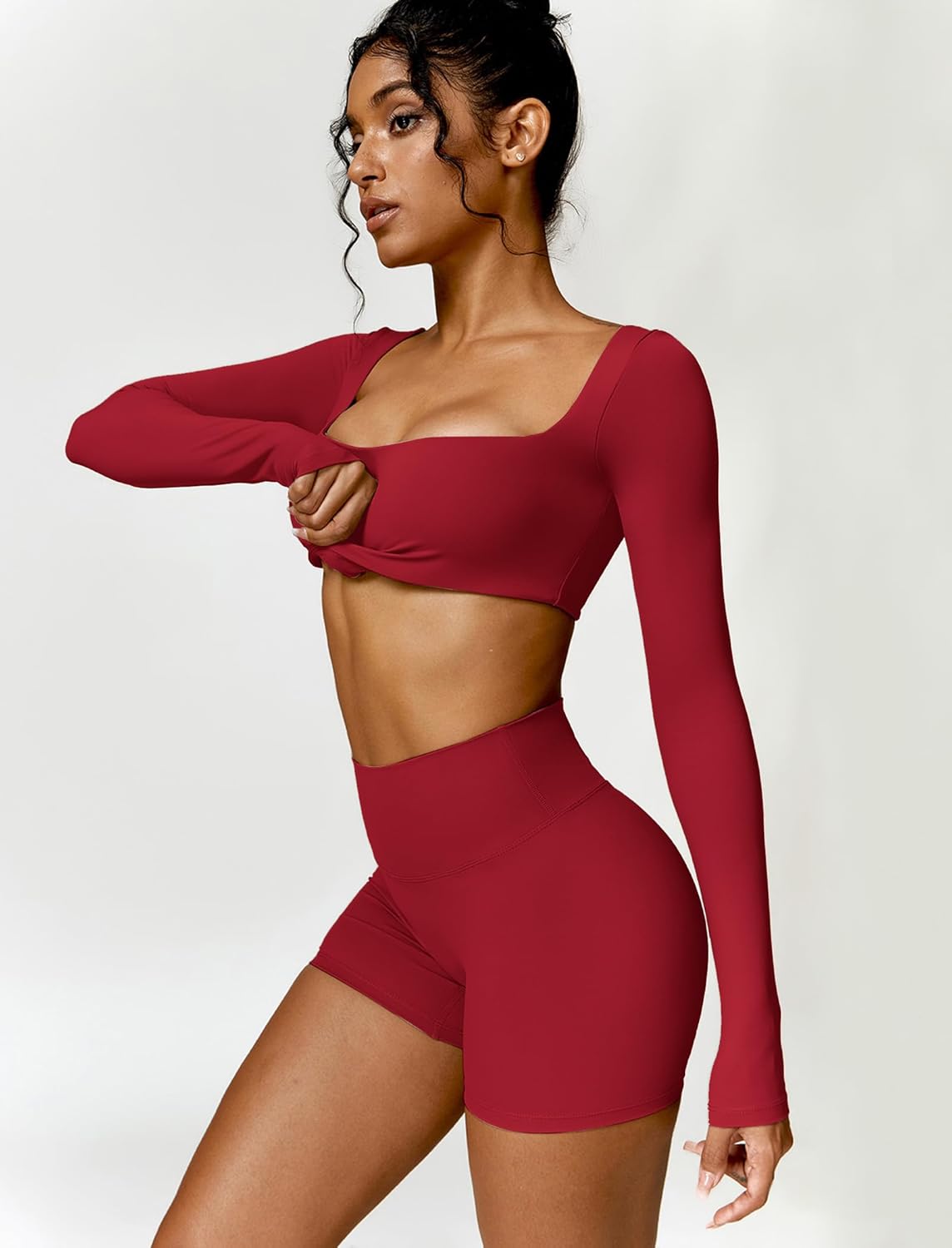 ABOCIW Workout Sets for Women 2 Piece Square Neck Long Sleeve Crop Tops High Waist Biker Shorts Gym Sets - Image 4