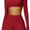 ABOCIW Workout Sets for Women 2 Piece Square Neck Long Sleeve Crop Tops High Waist Biker Shorts Gym Sets