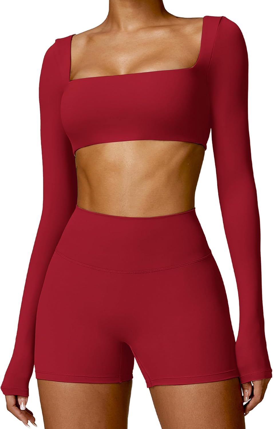ABOCIW Workout Sets for Women 2 Piece Square Neck Long Sleeve Crop Tops High Waist Biker Shorts Gym Sets