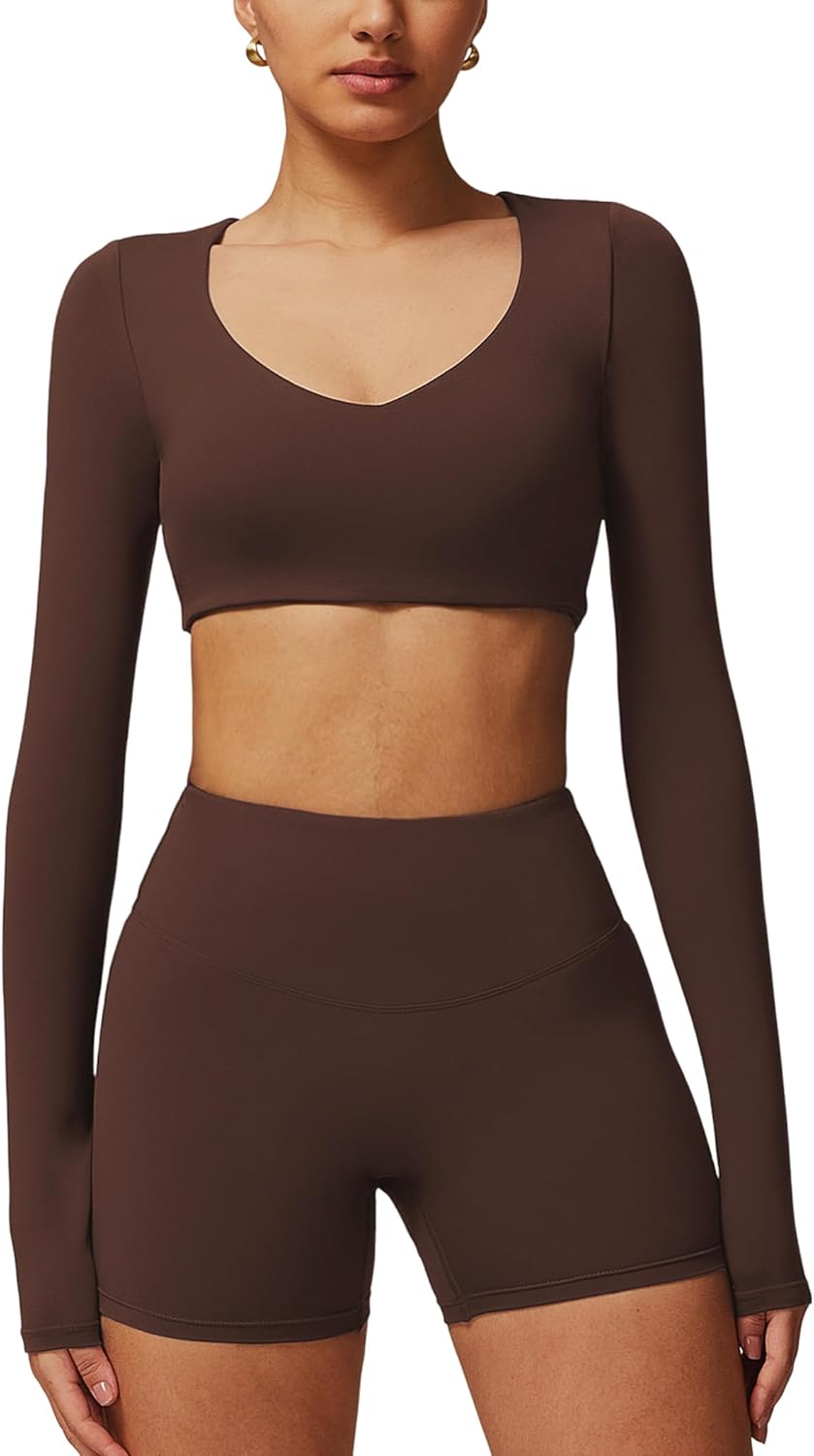 ABOCIW Workout Sets for Women 2 Piece Square Neck Long Sleeve Crop Tops High Waist Biker Shorts Gym Sets - Image 9