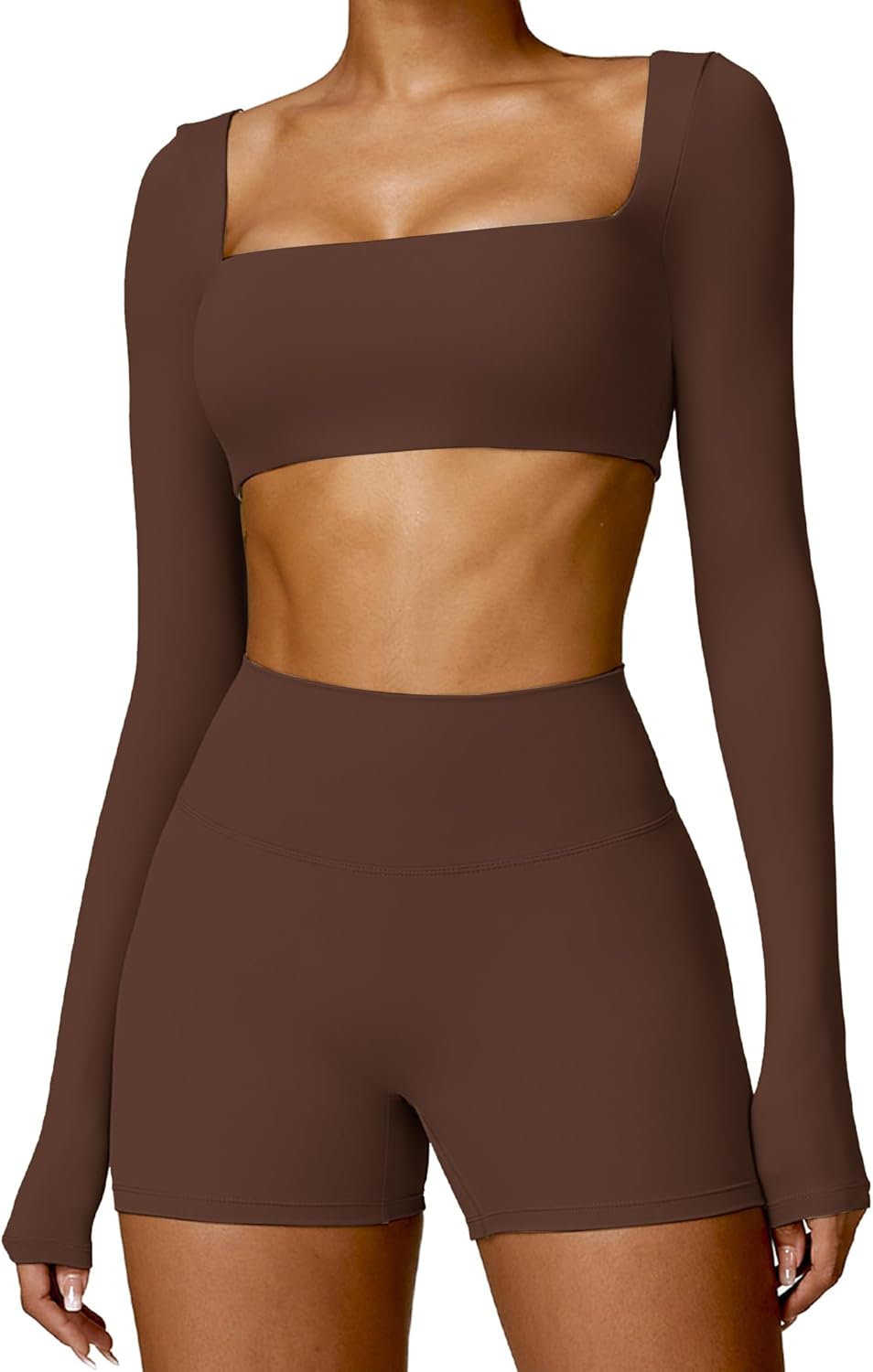 ABOCIW Workout Sets for Women 2 Piece Square Neck Long Sleeve Crop Tops High Waist Biker Shorts Gym Sets - Image 10