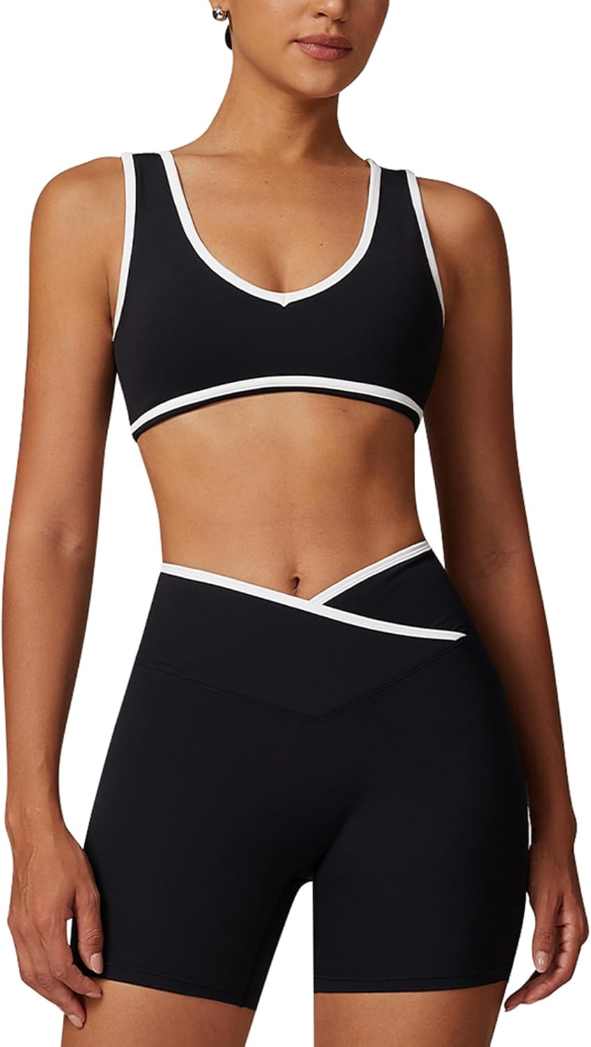 ABOCIW Workout Sets for Women Color Block Sports Bra Crossover Waist Shorts 2 Piece Gym Yoga Pilates Outfits