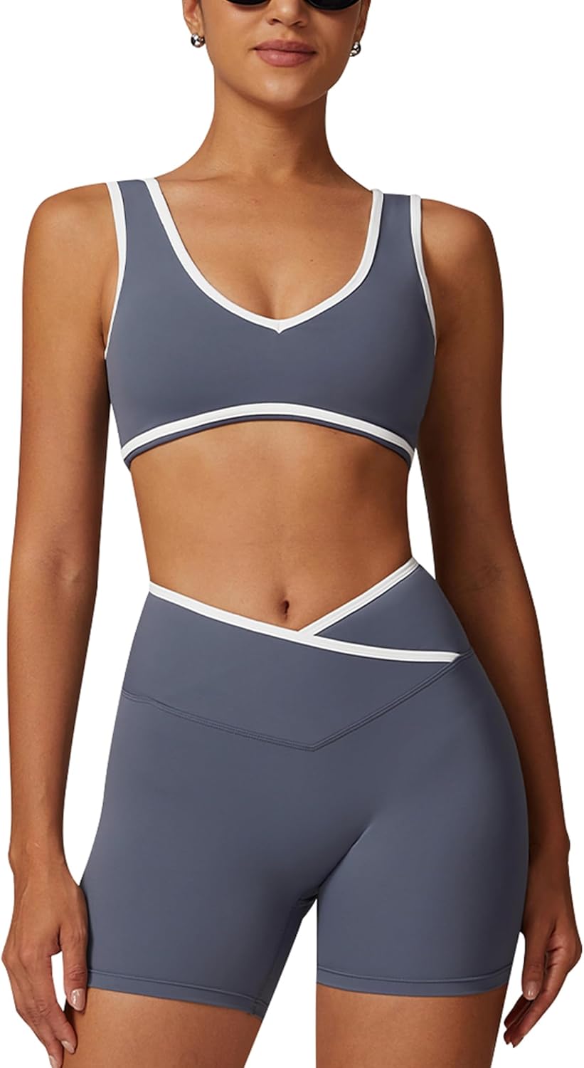 ABOCIW Workout Sets for Women Color Block Sports Bra Crossover Waist Shorts 2 Piece Gym Yoga Pilates Outfits - Image 10