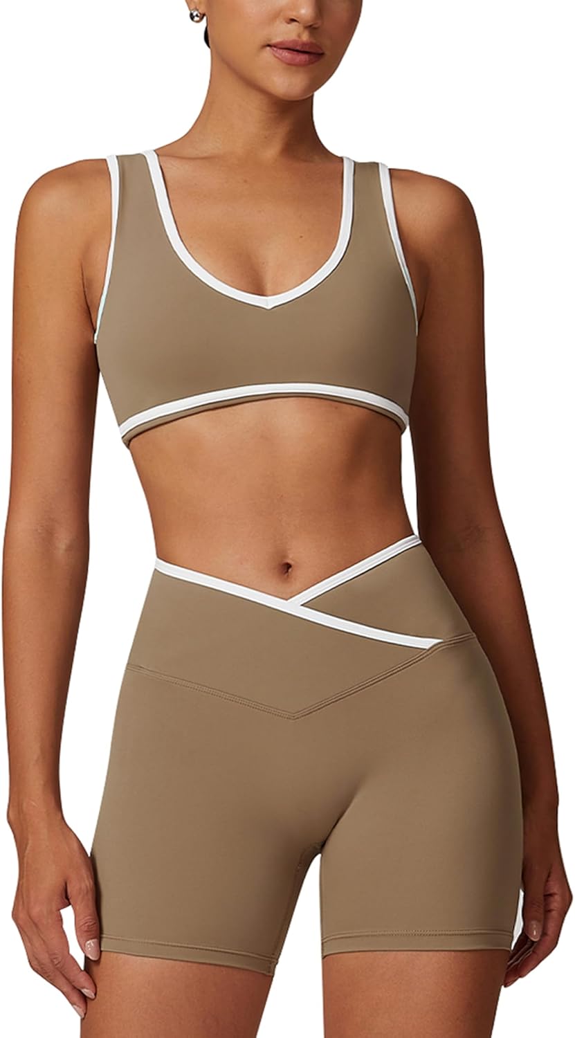 ABOCIW Workout Sets for Women Color Block Sports Bra Crossover Waist Shorts 2 Piece Gym Yoga Pilates Outfits - Image 11