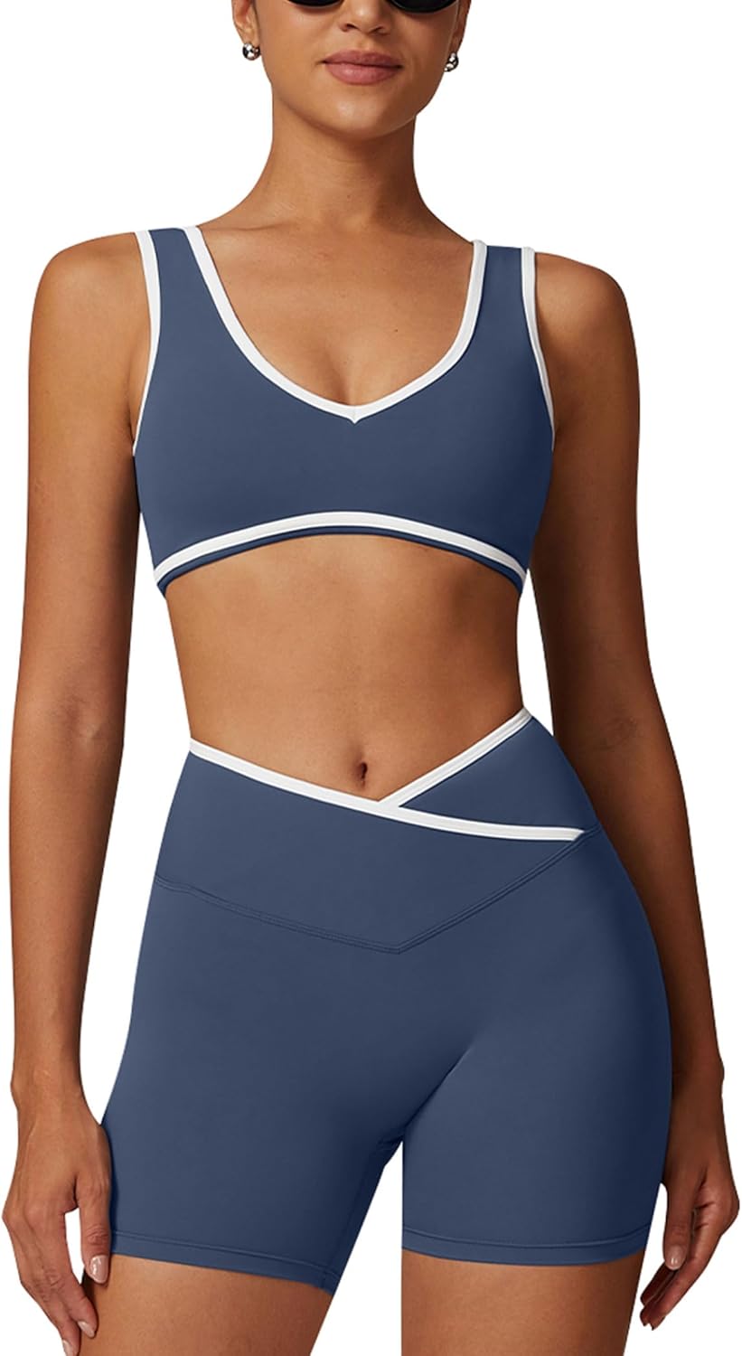 ABOCIW Workout Sets for Women Color Block Sports Bra Crossover Waist Shorts 2 Piece Gym Yoga Pilates Outfits - Image 7