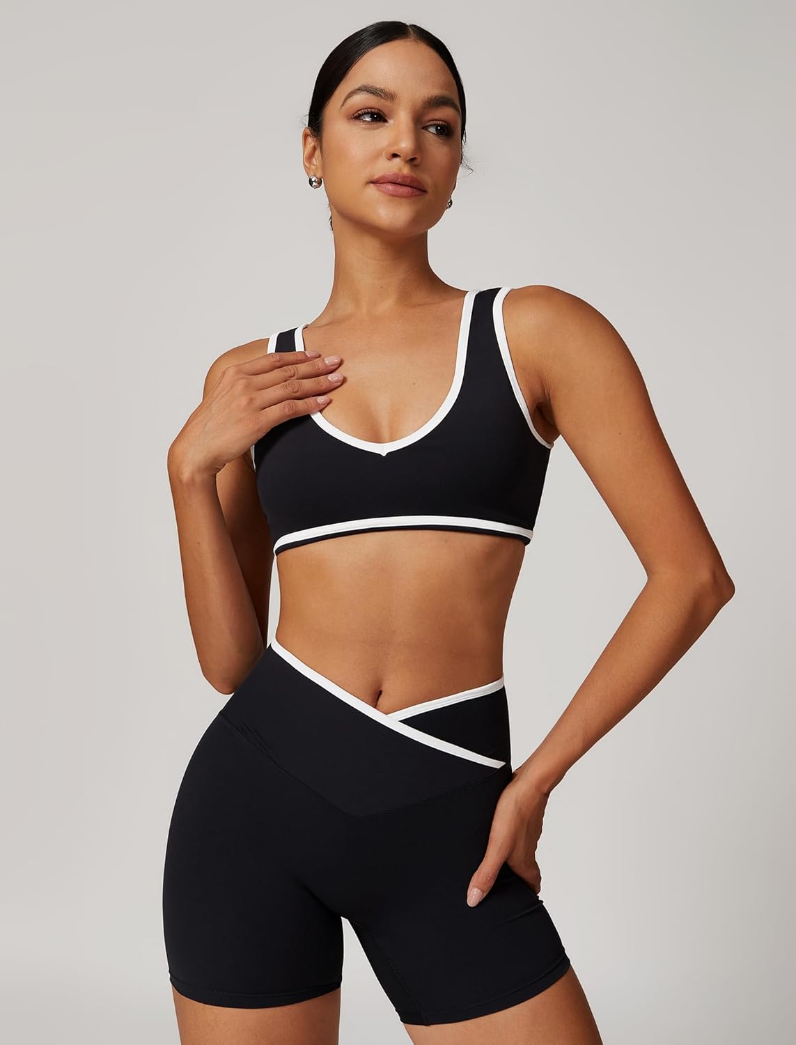 ABOCIW Workout Sets for Women Color Block Sports Bra Crossover Waist Shorts 2 Piece Gym Yoga Pilates Outfits - Image 3