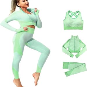 CORPOAMOR Women's 3 PC Seamless Gym Clothing Workout Outfit with Jacket Bra & Leggings Set