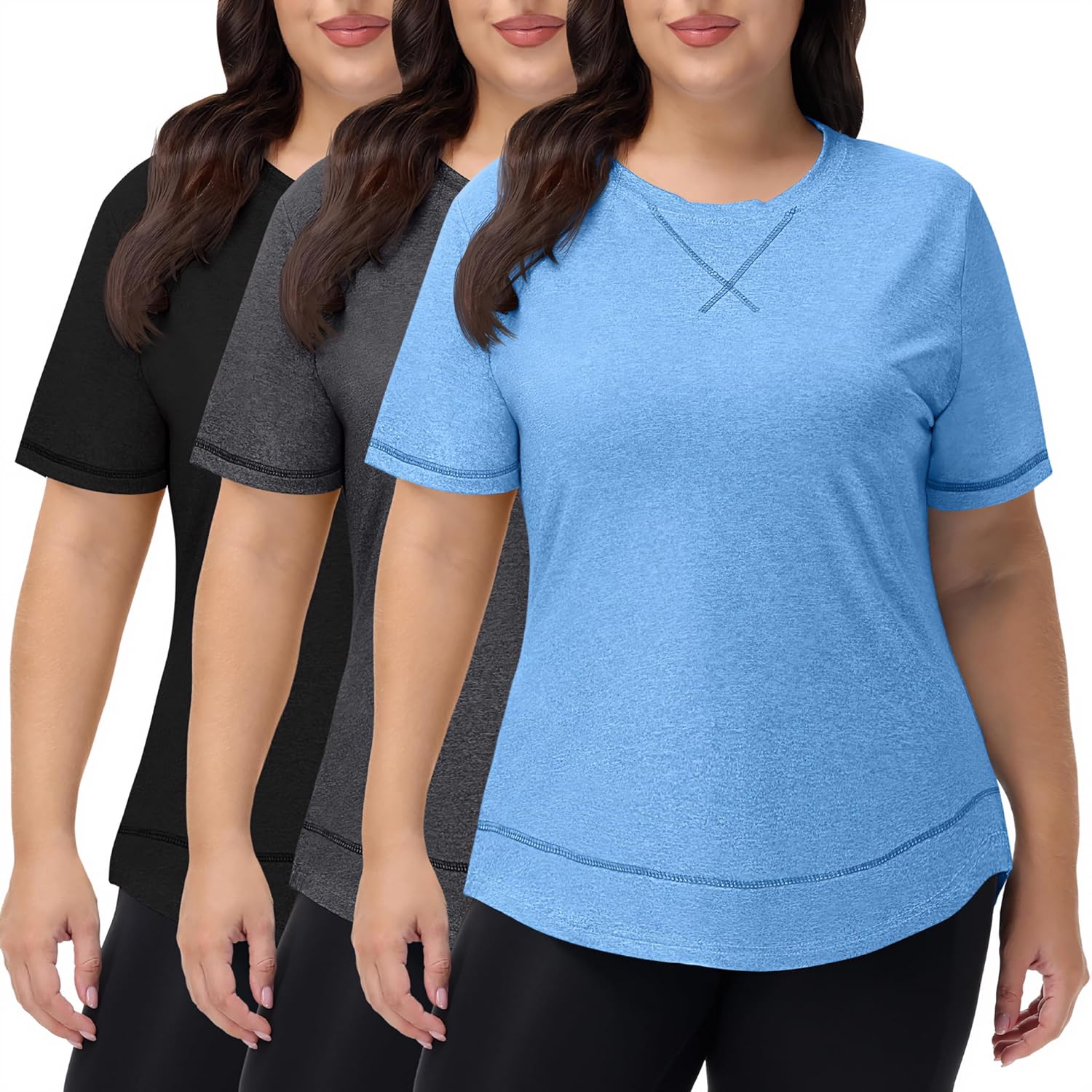 Coume 3 Pack Women's Plus Size Workout Tops Short Sleeve Loose Fit Crew Neck Shirts Quick Dry Gym Clothes