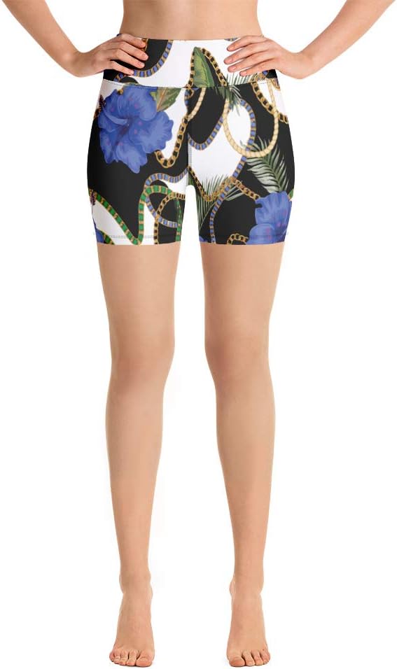 Edwin Vonholy Yoga Shorts for Women Girls High Waisted Pants Blue Flower Fair White