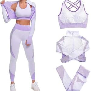 EROSEL 3 Piece Workout Sets for Women\u2013Seamless Workout Sets with Jacket, Sports Bra & High-Waisted Leggings Women\u2019s Gym Sets