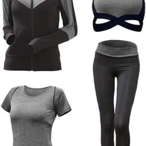 EVERTREND New Women Sportwear Solid Yoga Sport Suit Breathable Gym Set Female Bra T-Shirt Shorts Pants Workout Fitness Clothes XLTracksuit (Gym Set-4Pcs-GRAY,XXL)