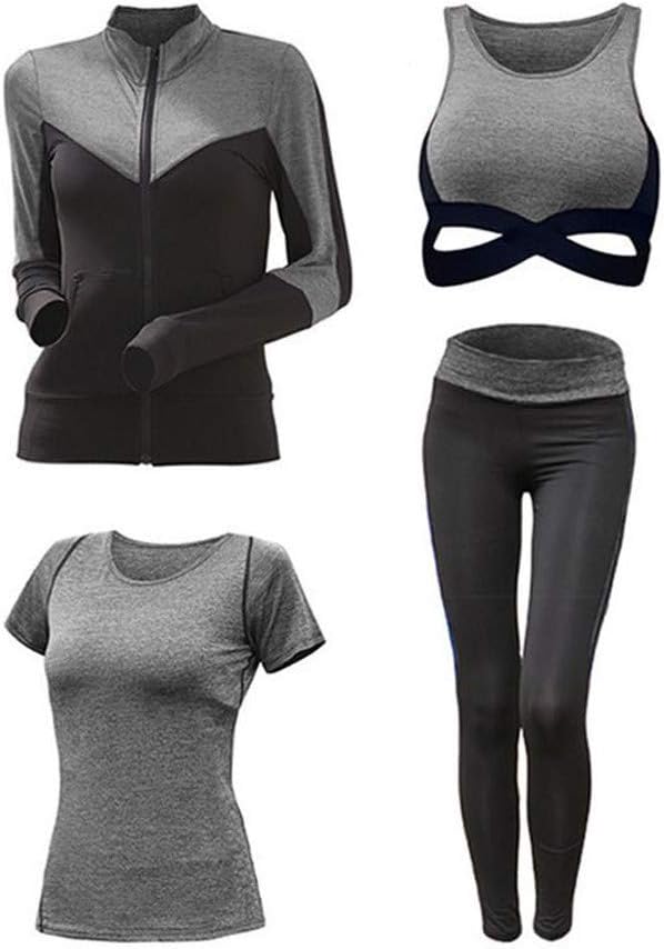 EVERTREND New Women Sportwear Solid Yoga Sport Suit Breathable Gym Set Female Bra T-Shirt Shorts Pants Workout Fitness Clothes XLTracksuit (Gym Set-4Pcs-GRAY,XXL)