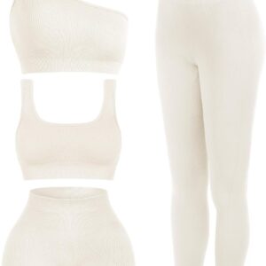 Floraltop 4 Pcs Women's Workout Sets Pilates Exercise Outfit Ribbed Scoop Neck Sports Bra Shorts Leggings Gym Clothes Set