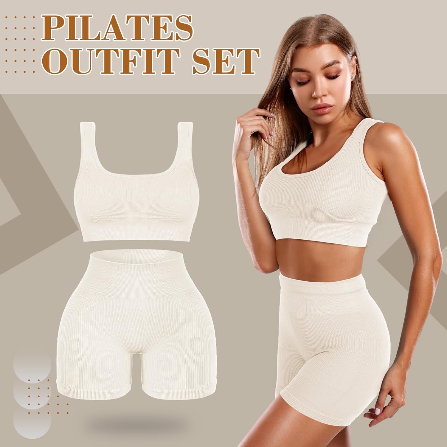Floraltop 4 Pcs Women's Workout Sets Pilates Exercise Outfit Ribbed Scoop Neck Sports Bra Shorts Leggings Gym Clothes Set - Image 2