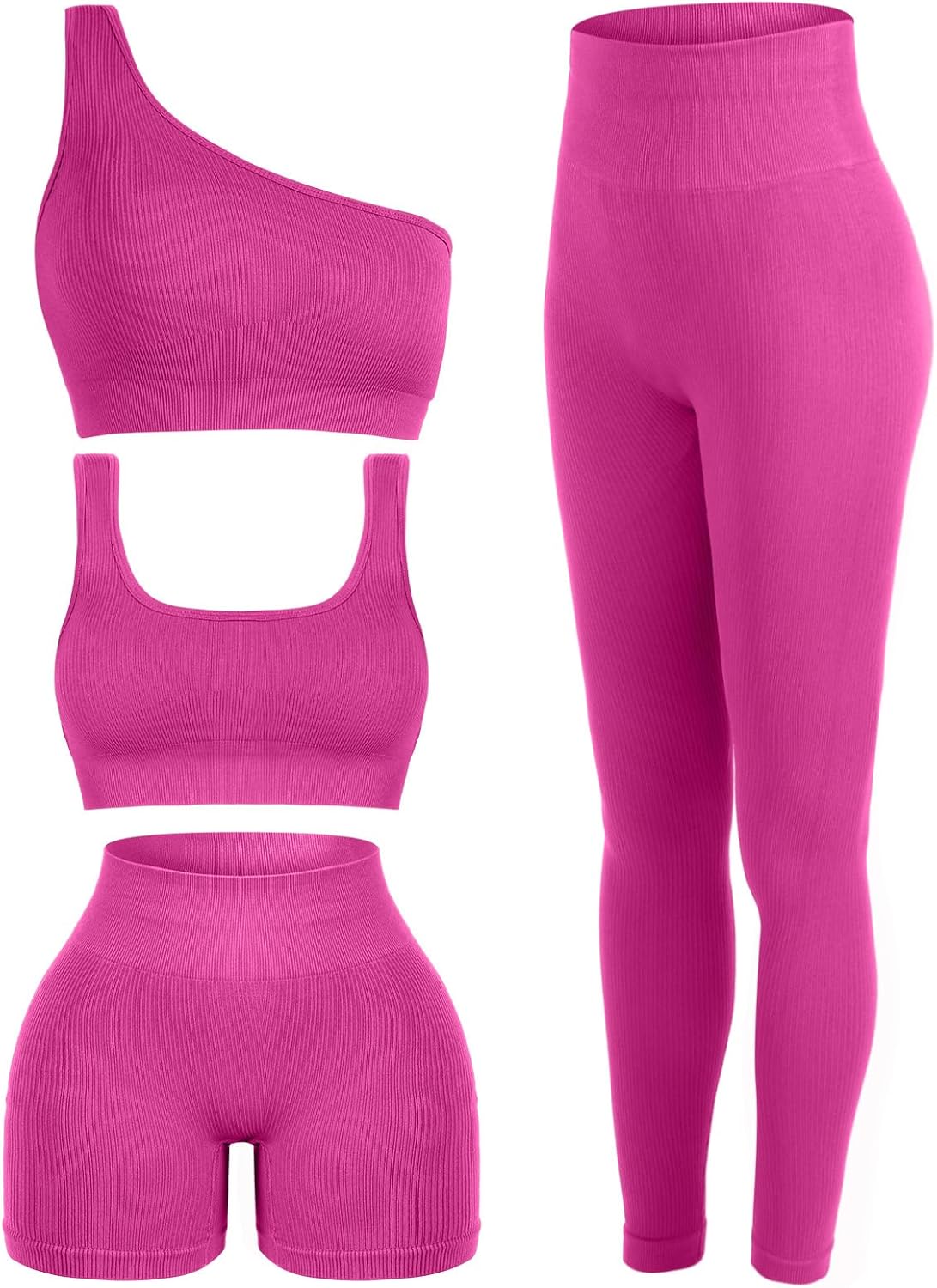 Floraltop 4 Pcs Women's Workout Sets Pilates Exercise Outfit Ribbed Scoop Neck Sports Bra Shorts Leggings Gym Clothes Set - Image 13