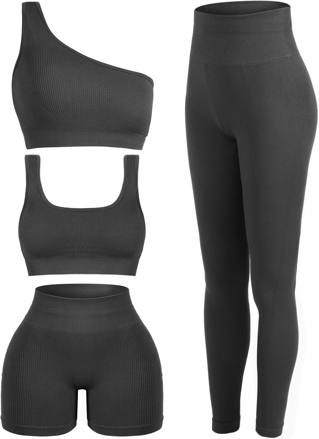 Floraltop 4 Pcs Women's Workout Sets Pilates Exercise Outfit Ribbed Scoop Neck Sports Bra Shorts Leggings Gym Clothes Set - Image 12