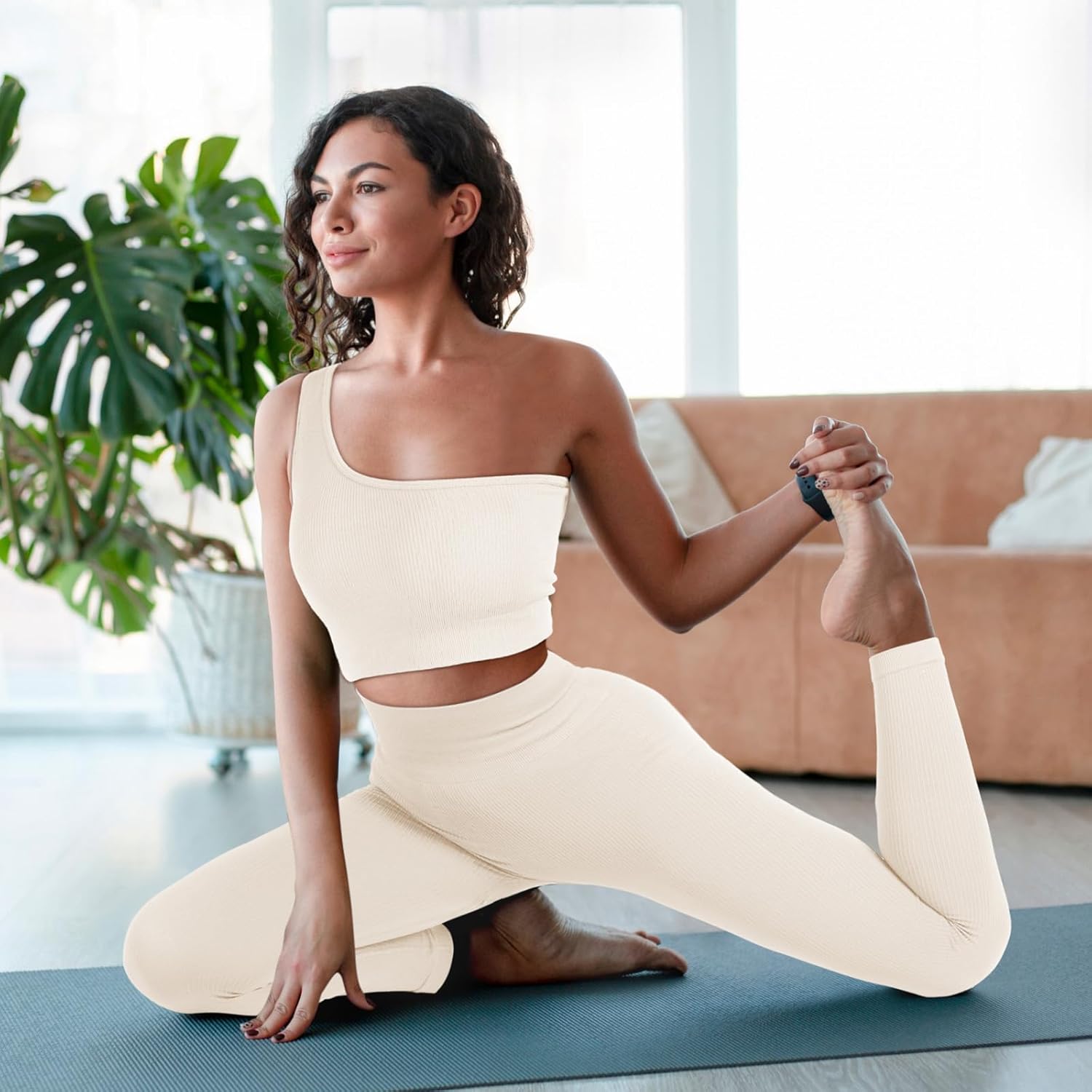 Floraltop 4 Pcs Women's Workout Sets Pilates Exercise Outfit Ribbed Scoop Neck Sports Bra Shorts Leggings Gym Clothes Set - Image 6