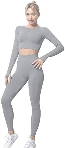 For Women By Women Seamless Leggings Women Yoga Set Gym Clothing Long Sleeve Crop Top Sports Bra Of Luxury Wear - Grey