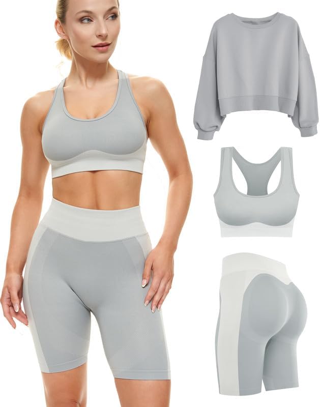 Gym Sets Women 2 Piece or 3, Matching Workout Set Women Shorts Bra, Yoga Workout Outfit, Fitness Exercise Clothes Running Set