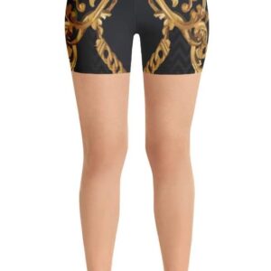 Gym Workout Yoga Shorts for Women Girls Black Floral Gold Baroque Pants