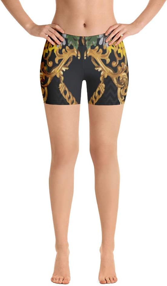 Gym Workout Yoga Shorts for Women Girls Black Floral Gold Baroque Pants