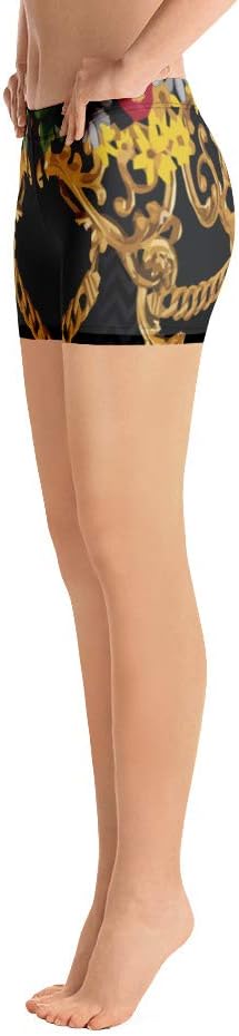 Gym Workout Yoga Shorts for Women Girls Black Floral Gold Baroque Pants - Image 3