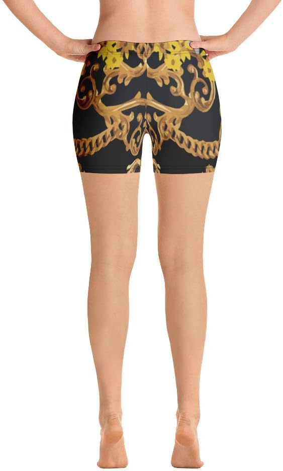 Gym Workout Yoga Shorts for Women Girls Black Floral Gold Baroque Pants - Image 2