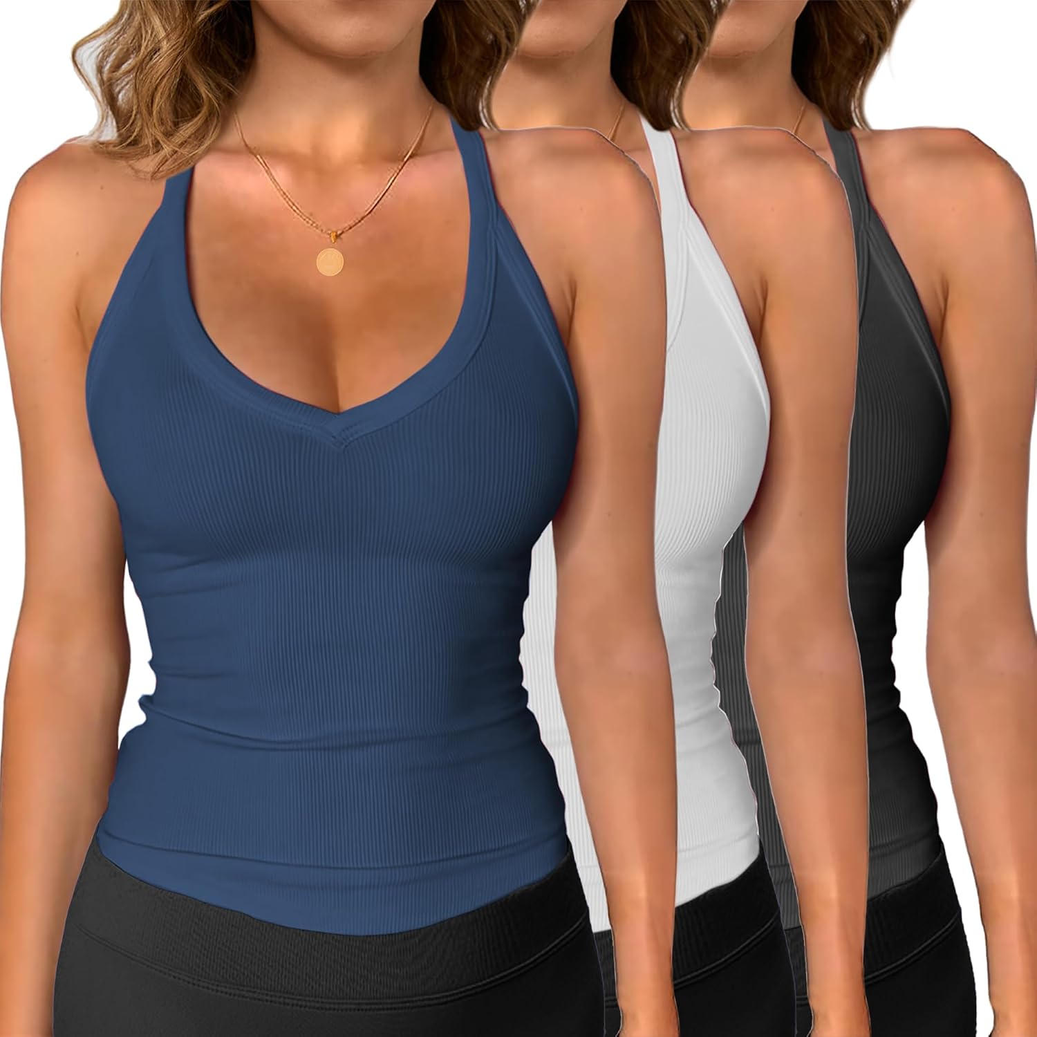 iGENJUN 3 Pack Workout Tops for Women Racerback Basic Tank Summer 2025 Camisole V Neck Slim Fit Ribbed Sleeveless - Image 16