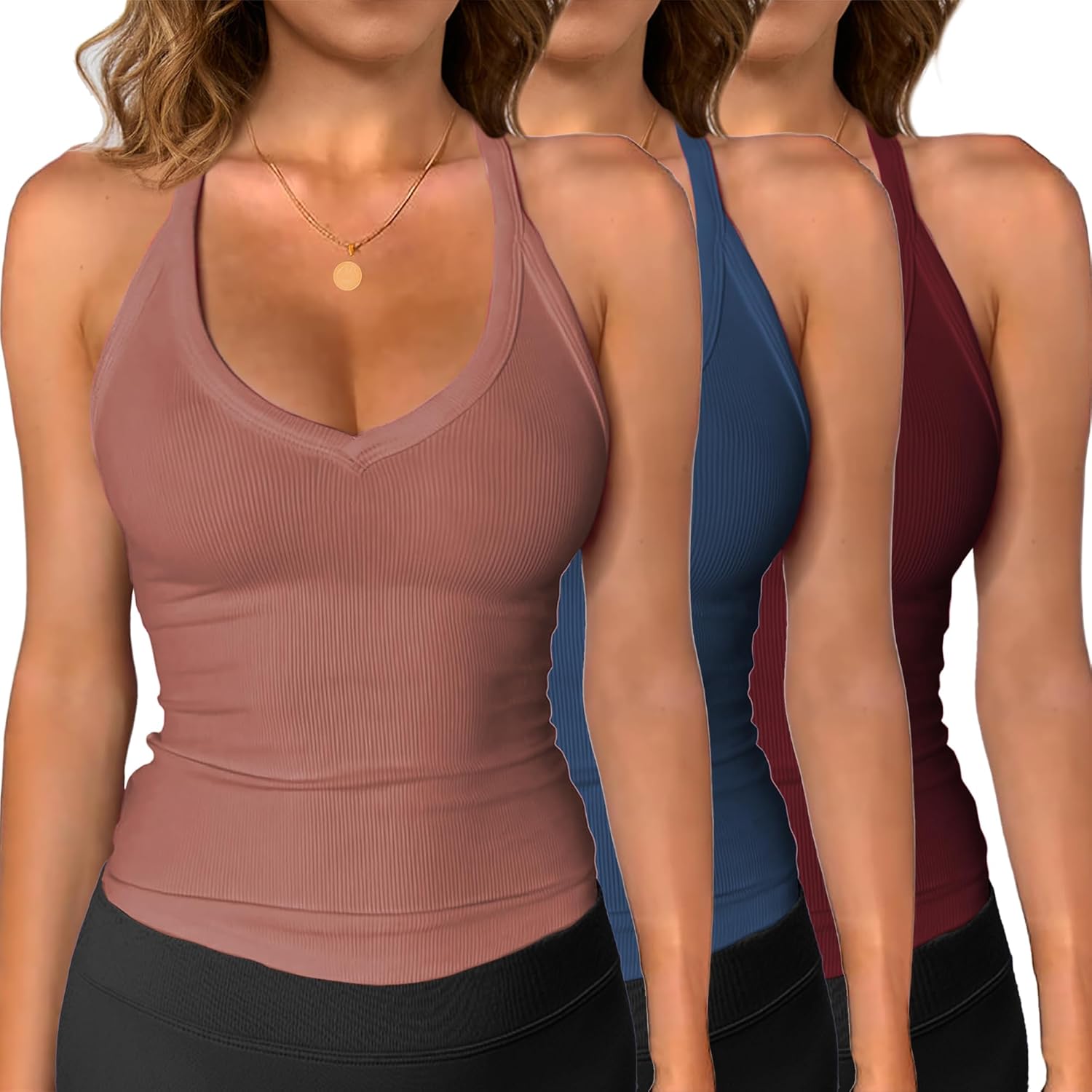 iGENJUN 3 Pack Workout Tops for Women Racerback Basic Tank Summer 2025 Camisole V Neck Slim Fit Ribbed Sleeveless - Image 15