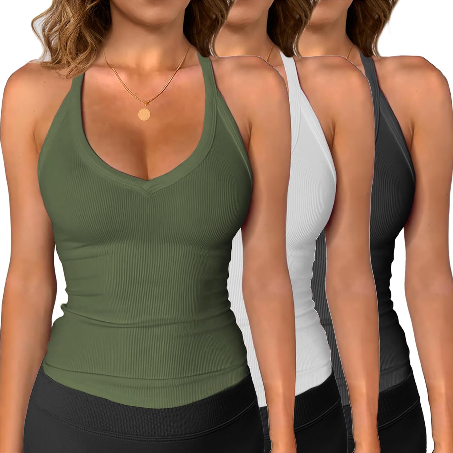 iGENJUN 3 Pack Workout Tops for Women Racerback Basic Tank Summer 2025 Camisole V Neck Slim Fit Ribbed Sleeveless - Image 11