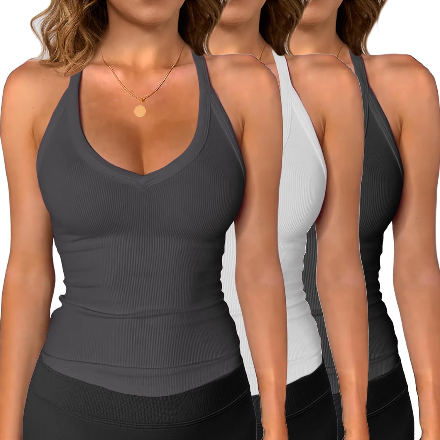 iGENJUN 3 Pack Workout Tops for Women Racerback Basic Tank Summer 2025 Camisole V Neck Slim Fit Ribbed Sleeveless - Image 14